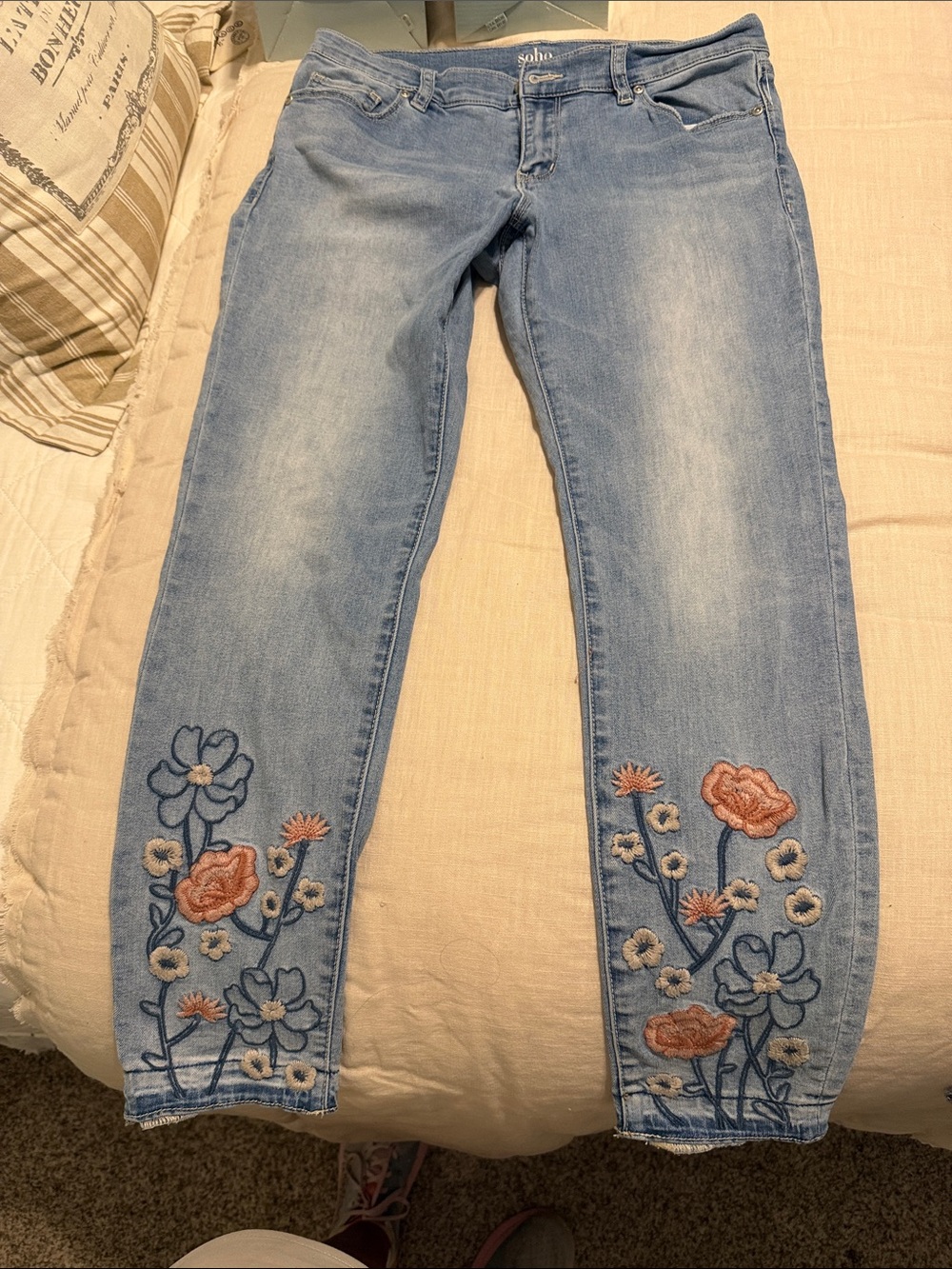 Soho Light Blue Ankle Jeans with Peach & Navy Floral Embroidery